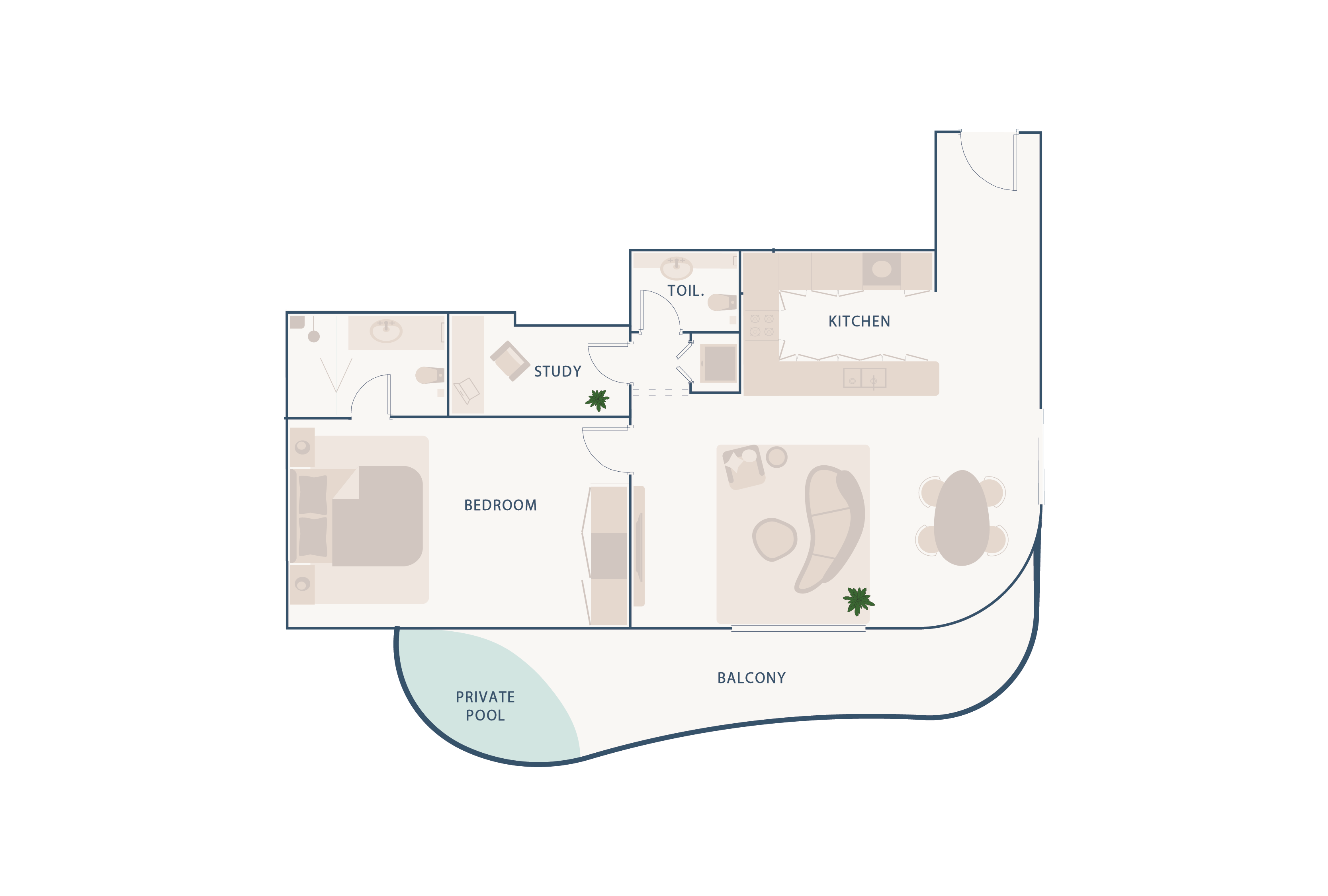Beach Walk Residence Floor plan featuring a bedroom, study, kitchen, toilet, balcony, and private pool. Modern design layout.